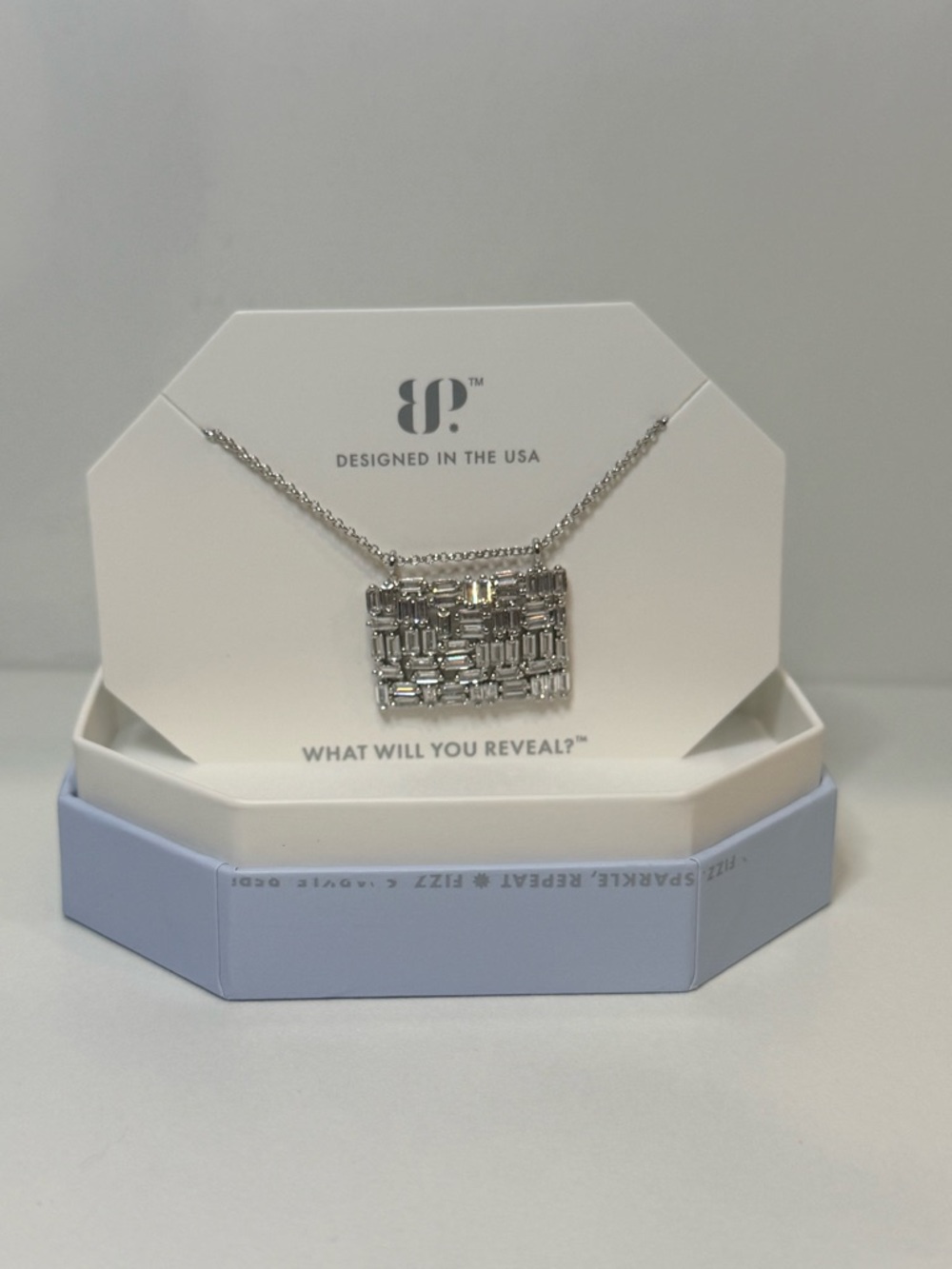 BP Silver Baguette Crystal Cluster Pendant Necklace “Born to Adorn” NK67218